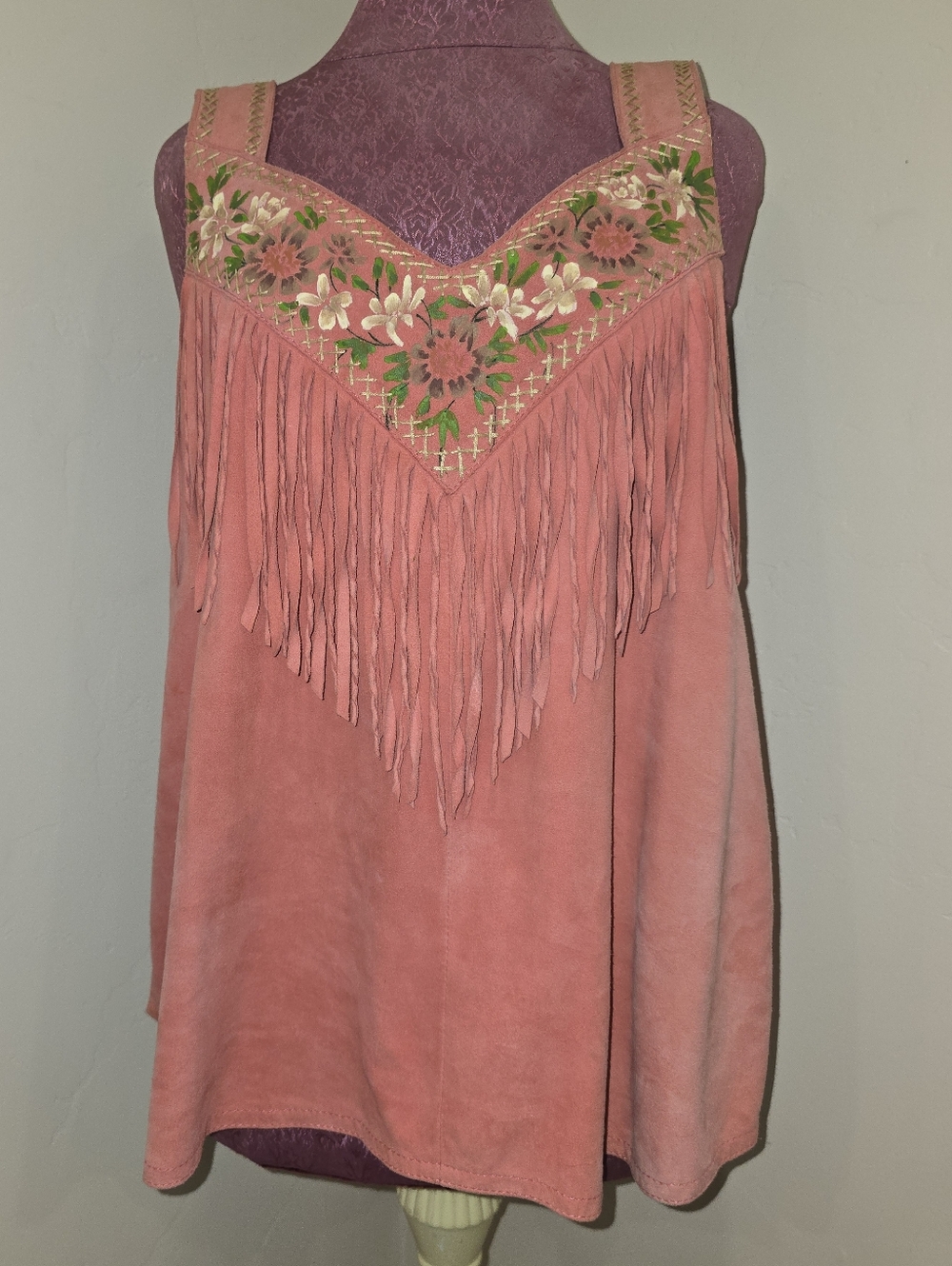 Double D Ranch Tank Top Suede Leather Womens L Pink Floral Fringe Corset Back